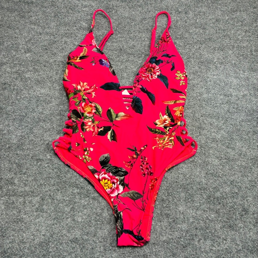 Rue21 One Piece Swimsuit‎ Floral Print Deep V Neck Lace Up Sides Pink Women's L
